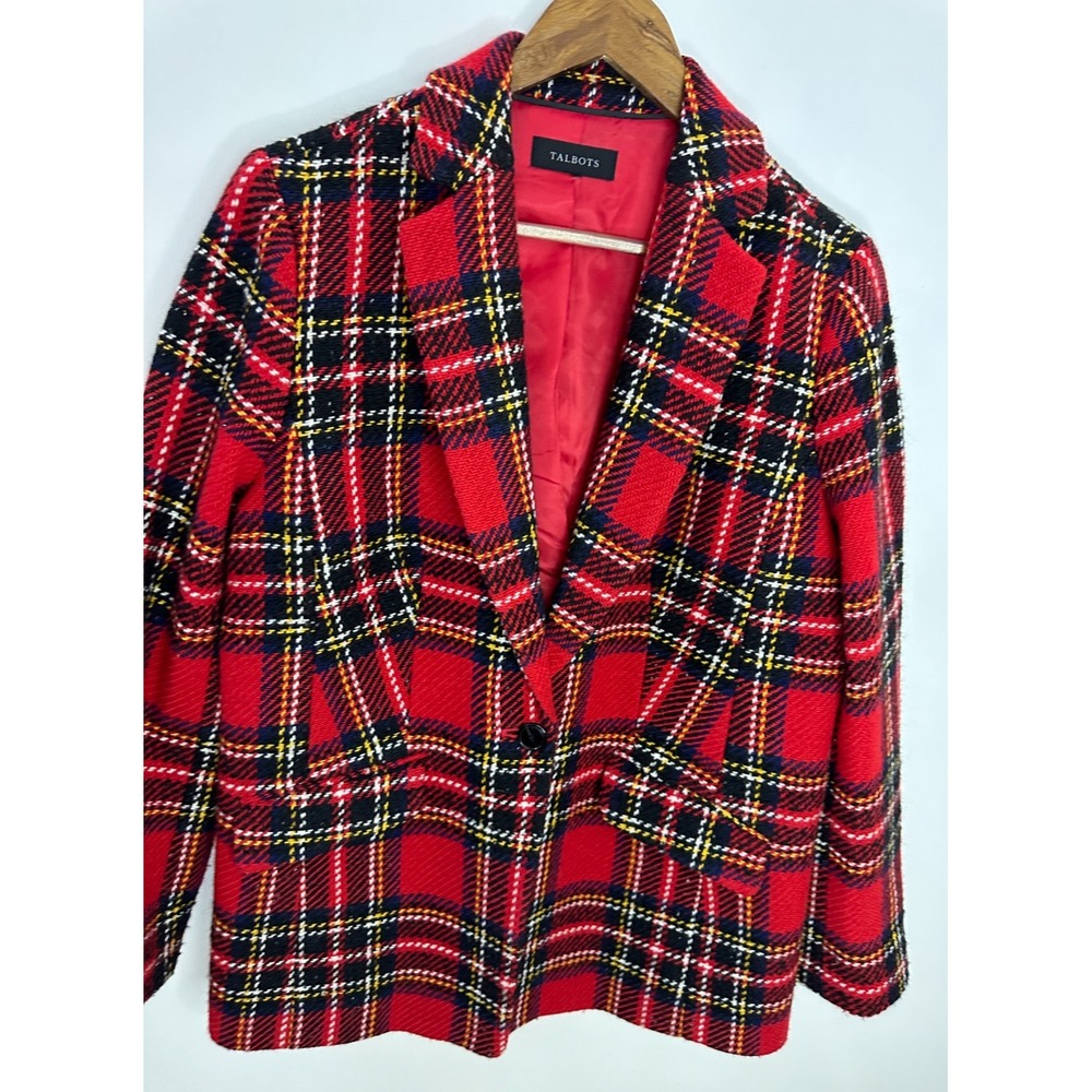 Talbots Snowstorm Plaid Blazer Red Tweed Wool Blend Flap Pockets Tartan Preppy - Picture 8 of 12